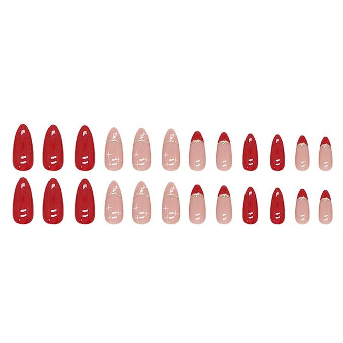Red Press on Nails - Medium Almond Fake Nails - French Tip False Nails Press ons - Christmas Glossy Full Cover Glue on Nails - Acrylic Artificial Stick on Nail for Women Manicure 24Pcs