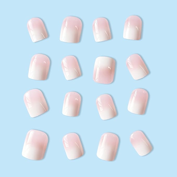 Ombre Press on Nails Short Square Fake Nails Nude False Nails Pink Nail Press ons Full Cover Acrylic Stick on Nails Gradient White French Tip Glossy Glue on Nail for Women Manicure Set 24Pcs
