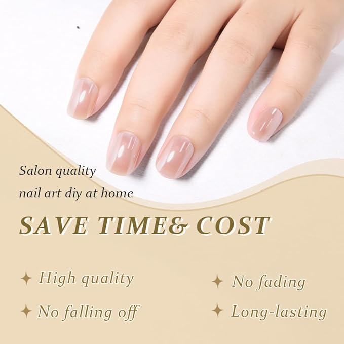 evpct Nude Glazed Press on Nails Short Square for Women Gift, Chrome Glazed Nude Fake Nails Reusable with Soft Gel, Glossy Glitter Stick on False Nail Kit Salon Quality DIY at Home, 01