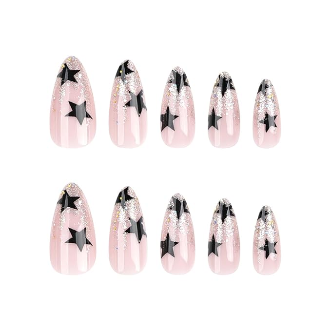 Star Press on Nails Medium Almond Fake Nails Glitter French Tip False Nails Press ons with Designs Reusable Artificial Nail Full Cover Stick on Nails for Women Manicure 24Pcs
