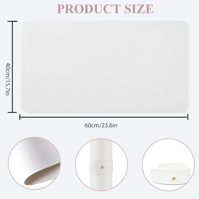 2 PCS Nail Art Table Mat, Soft Microfiber PU Leather Nail Pad, Foldable Nail Art Rest Pad, Reusable Nail Mat for Table Desk, Acrylic Nail Desk Mat for Nail Cushion (White and White)