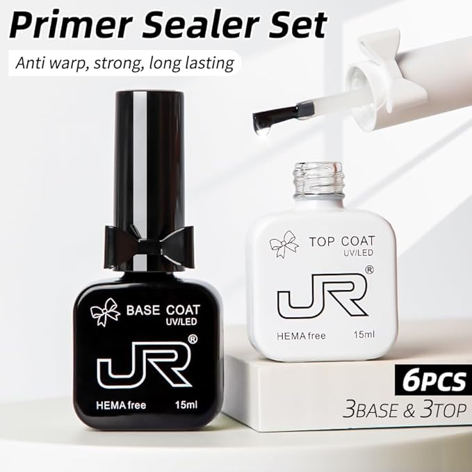 JR 6pcs 15ML HEMA&TPO Free No Wipe Gel Top &Base Coat Set Glossy Soak Off Clear Quick Dry High Glossy Shiny No Chip Long Lasting Air Dry Top Coat for Nail Art Manicure Professional Nail Salon