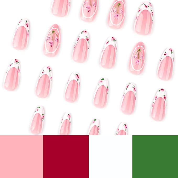 Flower French Tip Press on Nails Medium Almond Fake Nails Spring Summer Nails Press ons with Tulip Floral Design,Reusable & Easy Apply Full Cover Stick on Nails for Women Manicure 24Pcs