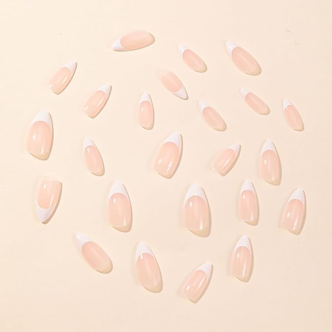 24pcs Medium Almond Press on Nails White Nail Tips Fake Nails Glossy Nude Pink False Nails Stick on Nails Full Cover Artificial Glue on Nails Acrylic Nail Kit for Women Girls DIY Manicure Salon