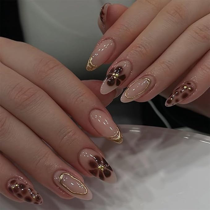 Press on Nails Almond Painted Flowers French Fake Nails French Fake Reusable Nail Kit with Nail Glue Adhesive Tabs Mini Nail File for Women Manicure Art Decoration 24PCS