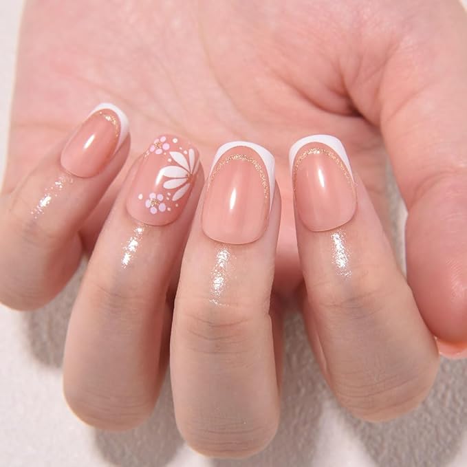 3D French Press on Nails Short Square with Flower Design, Nude Nail + White Tip Glossy Stick on Nails for Women with Kit, Reusable Soft Gel Stick on Fake Nail with Gold Line Designs Perfectly Fit