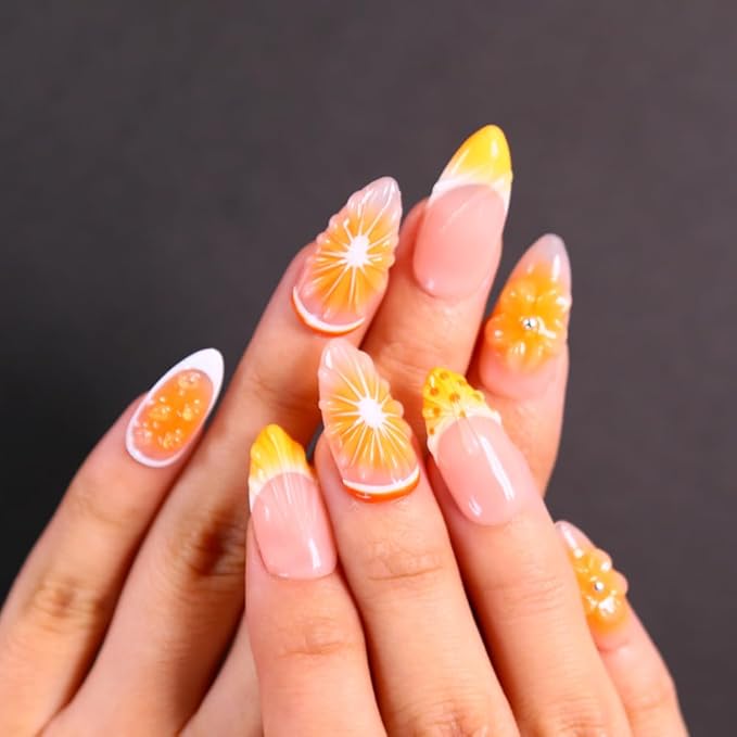 Press on Nails Medium Length Almond Fake Nails, 3D Shell Nails Design,10 Pcs Reusable ABS Material Finger Painting Nail Tip Salon Artificial Nails for Women (Size L)