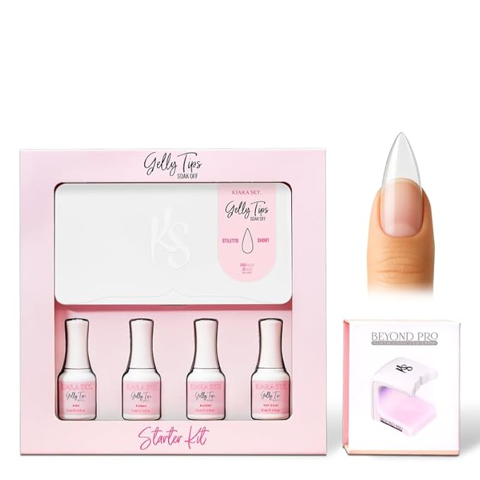 Kiara Sky Gelly Tips Starter Kit | Includes Prep, Primer, Builder, Top Coat, Tips | Stiletto Short