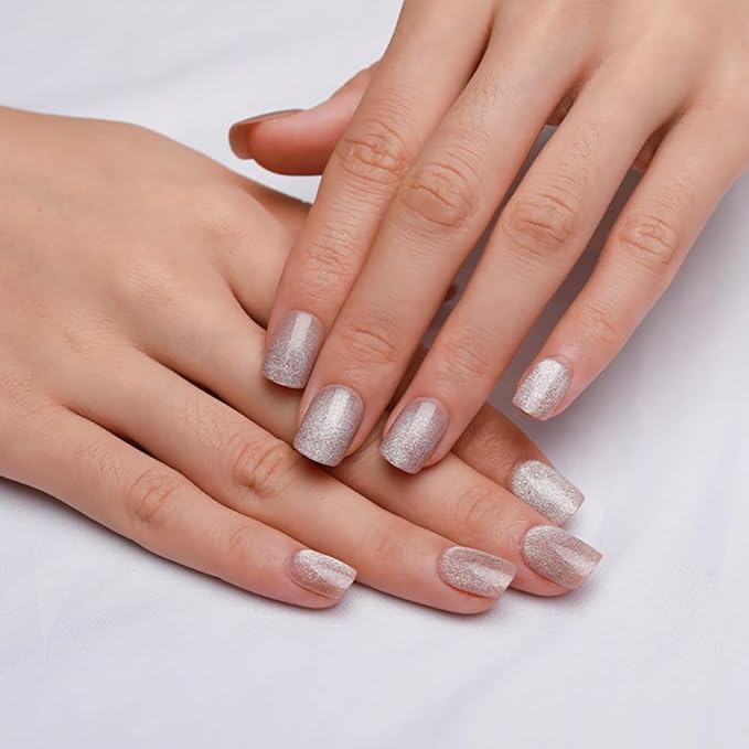 Nude Press on Nails Short Square, Summer Cat Eye Press on Nails, Fashion Gel Fake Nails, Reusable Acrylic Fake Nails, Glossy Stick on Nails for Women, Glue on Nails Kit, Icy Nude