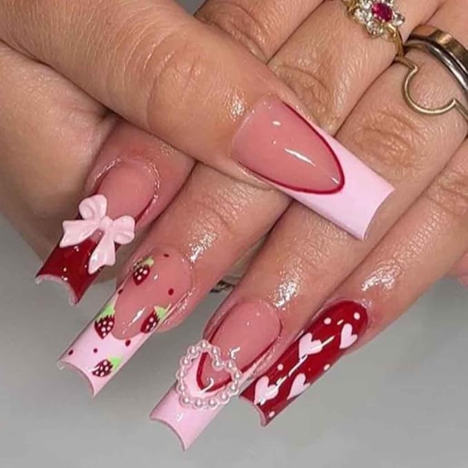 Press on Nails Long Rhinestone Pink Fake Nails Square Bling Glossy Artificial Nails Finger Manicure for Women and Girls-24pcs (Long Nails 3)