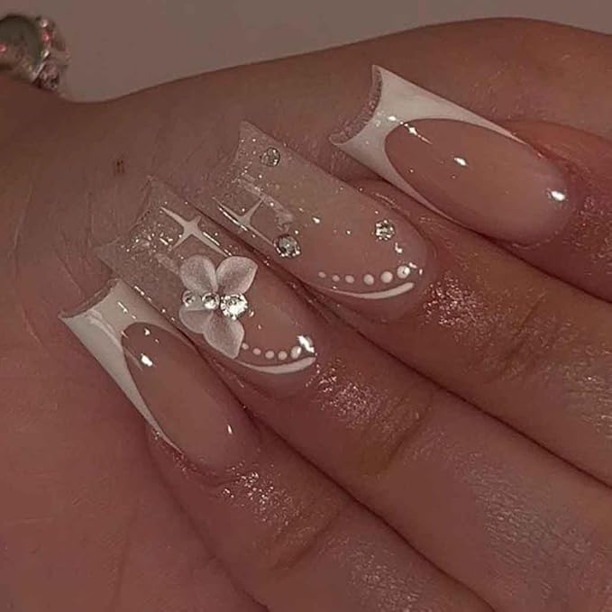 Long Press On Nails - Nude Square Clear Acrylic False Nails - 24PCS French Full Cover Bling Rhinestone Butterfly Design