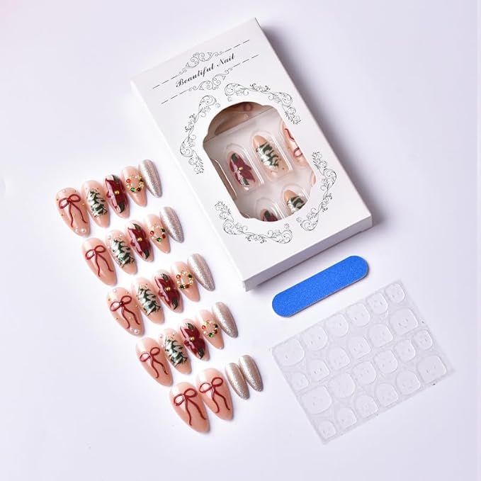 Christmas Press on Nails Medium Almond Fake Nails Christmas Tree Rhinestone False Nails 3D Bow Flowers Glitter Designs Full Cover Stick on Nails Winter Xmas Acrylic Nail for Women Manicure