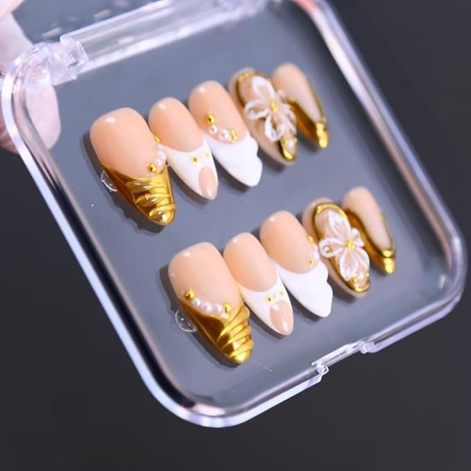 Press On Nails - Handmade French Almond Fake Nails, French Nails Design, Reusable Artificial Almond False Nails for Women 10 Pcs 3D Acrylic Nails Kit (Size M)