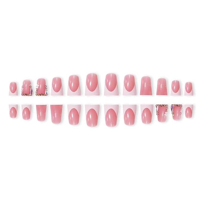 Duck Shaped Press on Nails Short & Press on Toenails Set, White French Tip Press on Nails with Rhinestone Design Glue on Nails Short Press on Toenails Full Cover Stick on Nails for Women 48Pcs