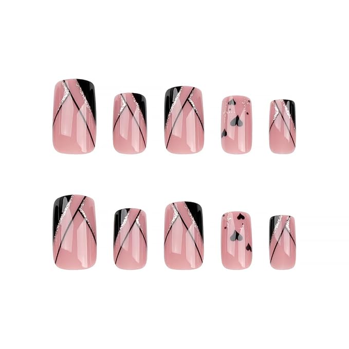 24Pcs Black French Tip Press on Nails Short Pink Fake Nails Square Shaped Heart Gold Glitter French Lines Designs Full Cover Glue on Nails Artificial Acrylic False Nails for Women Manicure Decoration