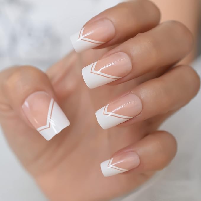 Nude White Press On Nails Medium Square French Glossy Gel Nails Full Cover False Nail Art Tips Salon Manicure Set