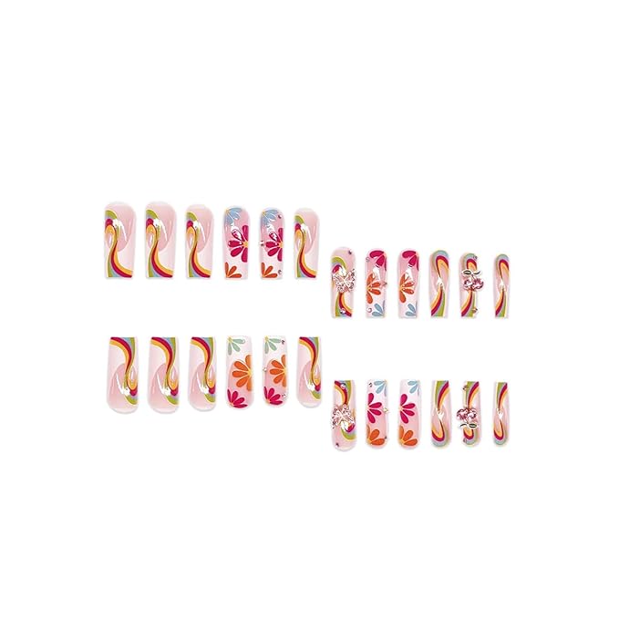 Press on Nails Coffin Long Length Acrylic Glossy Full Cover Square Shaped French False Nails with Designs Artificial Extra Long Fake Nails with Charms Glue ons Fingernails for Women(XXS289)