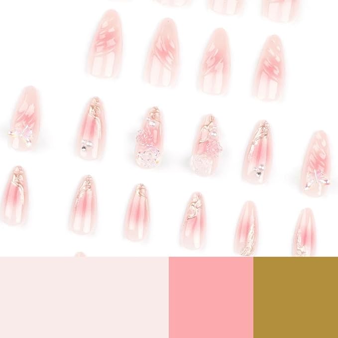 Ombre Pink Press on Nails Medium Almond False Nails with Flower Butterfly Charm Design Pearl Fake Nails Water Ripple Glue on Nails Glossy Reusable Summer Stick on Nails for Women Girls Manicure 24Pcs