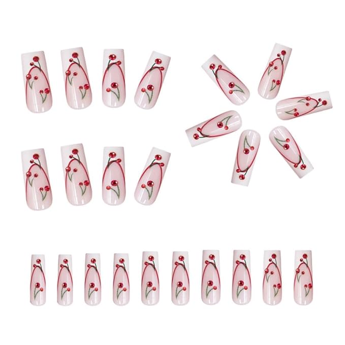 White French Tips Press on Nails Cherry Press on Toenails Long Square Stick on Nails with Designs Nude Pink Fake Nails Glossy Reusable Spring Summer False Toenails for Women Girls Manicure 48Pcs
