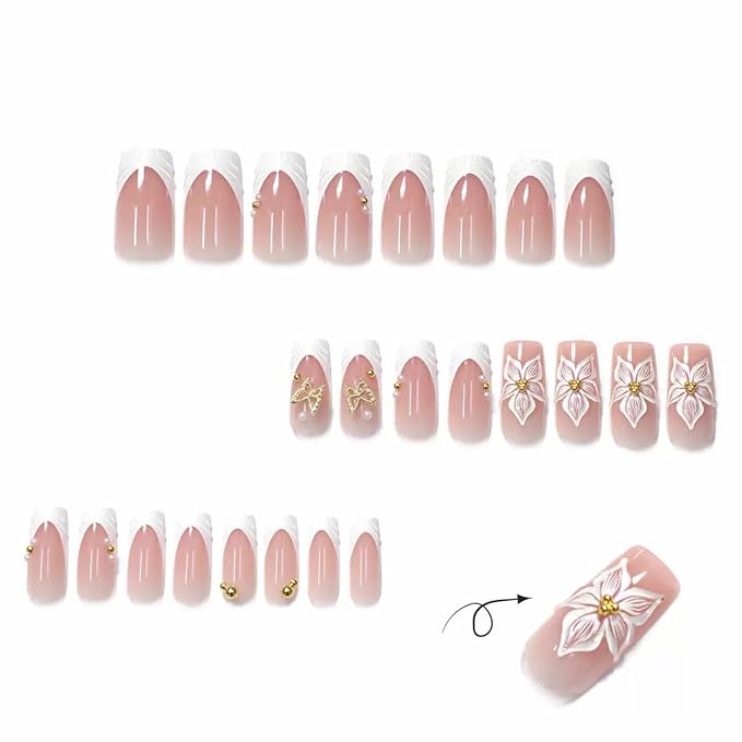 Press on Nails Square - White French Tip Fake Nails with Flower Butterfly Design - Medium Long False Nails - for Women 24 Pcs