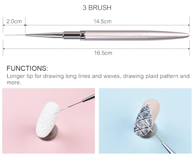 KADS Nail Art Liner Brushes Kolinsky Nail Art Brush Liner Brush UV Gel Polish Painting Nail Design Brush Metal Handle Nail Drawing Pens 8/15/20mm (20mm)