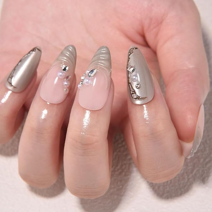 evpct Nude Pink 3D Press on Nails Short Almond with Wave Pearl Design, 3D Wave Tip Stick on Nail for Women Gift, Reusable Full Cover Soft Gel Press on Fake Nail Perfectly Fit with Diamond Design