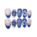 10Pcs Short Almond Handmade Press On Nails | Nude Pink & Royal Blue French Tip with 3D Floral, Pearl & Rhinestone Decor | Reusable Salon-Quality Fake Nails for Women and Girls (PZ02, S)