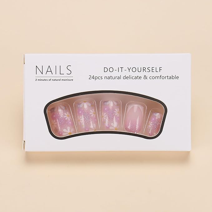 Square Press on Nails Medium Hot Pink Fake Nails Glitter Flower with line Design Pink French Tip False Nails Stick on Nails Full Cover Artificial Glue on Nails for Women DIY Nails Art Decoration 24Pcs