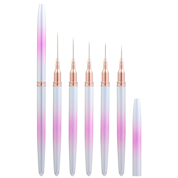 5Pcs Nail Art Liner Brushes For UV Gel Polish, Metal Handle Thin Lines Fine Drawing Pen Painting Striping Detail Design Nails Brush Set Manicure DIY Tool, Sizes 7/9/12/15/20mm（Gradient powder）