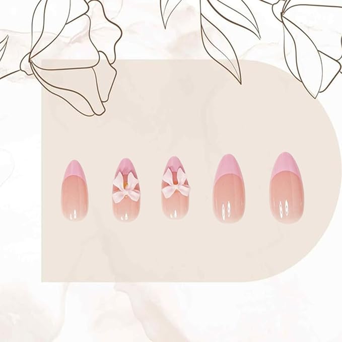 24pcs French Tip Press on Nails Short Almond Fake Nails with Charm Designs Cute Bow False Nails Full Cover Glue on Nails Pink French Tip Artificial Nails for Women Girl Nail Decoration