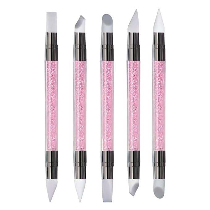 5Pcs Double-Ended Silicone Nail Art Brushes, Dual-Tip Dotting & Sculpting Tools for Gel Polish, 3D Nail Art, Shaping, Drawing, Embossing & Manicure Clean Up-Pink