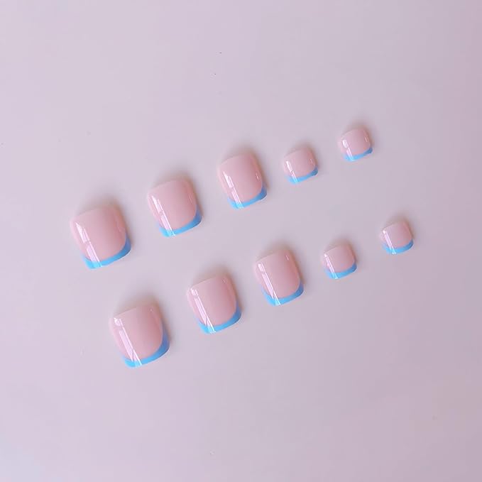48Pcs Blue French Tip Press on Toenails Press on Nails Long Square Fake Nails with Design Nude Glue on Nails Spring False Nails Glossy Reusable Summer Nails Toenails for Women Manicure