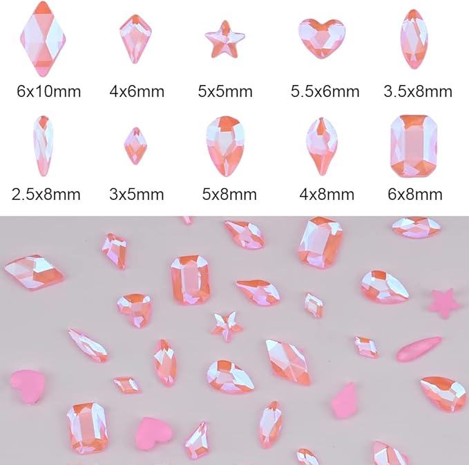 100pcs Glass Flatback Mocha Pink Colored Nail Gemstone Mix 10 Shapes for DIY Craft Acrylic Nails Rhinestone Decoration Bulk Pack Set