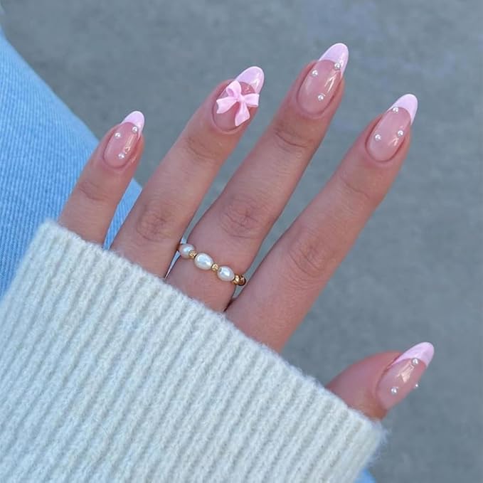 Press on Nails Pink Glossy 3D Flower French Fake Nails French Fake Reusable Nail Kit with Nail Glue Adhesive Tabs Mini Nail File for Women Manicure Art Decoration 24PCS