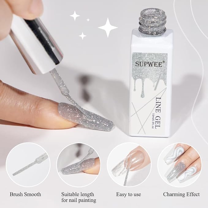 Silver Reflective Gel Polish Liner Gel Glitter Diamond Gel Liner Nail Art for Nails Sparkle Disco Drawing Gel Liner Polish Nail Painting for DIY Nail Art Design Manicure Soak Off Lamp Gel