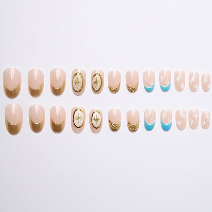 Short Round Press on Nails Gold Chrome Fake Nails French Tip False Nails Press ons with Hexagram Design Reusable Artificial Nail Full Cover Glossy Glue on Nail Stick on Nails for Women Manicure 24 Pcs