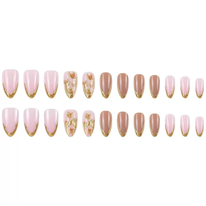 Almond Press on Nails Medium - Gold French Tip Fake Nails with Golden Emboss Flower Design - Fall Full Cover Stick on False Nails for Women 24 Pcs