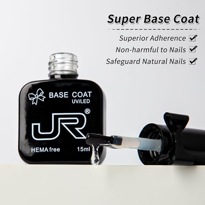 JR 2Pcs 15ML HEMA Free No Wipe Gel Top &Base Coat Set Long Lasting Formula Top Base Coat UV LED Nail Lamp Needed Quick Dry High Glossy Shiny No Chip for Nail Art Manicure