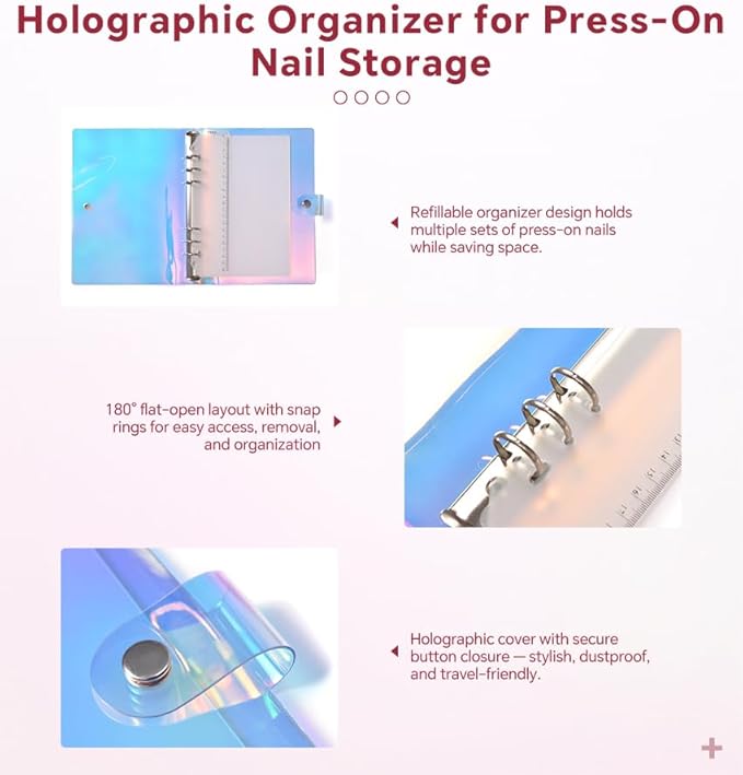 KADS Holographic Press-On Nails Organizer Book - 2 Double-Sided Storage Pages with Adhesive Backing, Includes 60 Pre-Cut & 1 Roll 300cm Double-Sided Tape for Nail Artists & DIY Enthusiasts