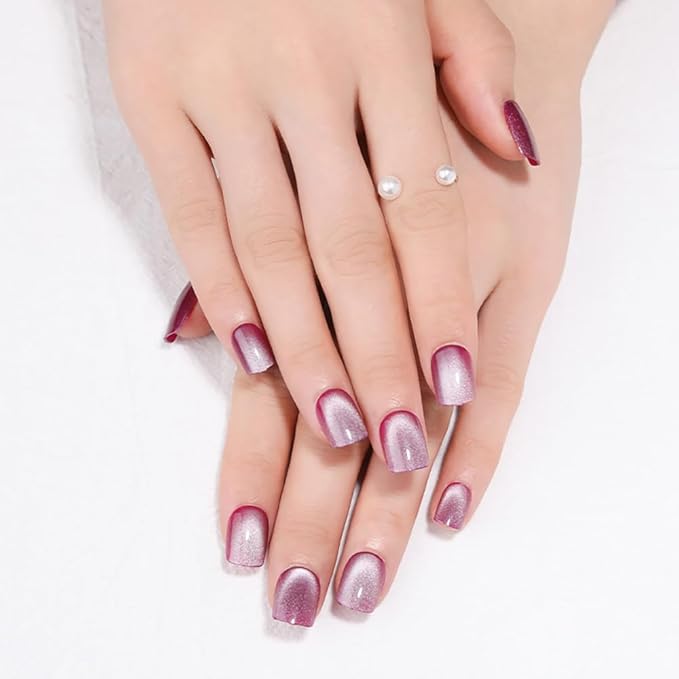 Rose Purple to White Gradient Press On Nails Short Square Cat Eye Nails, Fashion Gel Fake Nails, Reusable Acrylic Fake Nails, Glossy Stick On Nails for Women, Glue On Nail Kit, Purple Moonlight Glow