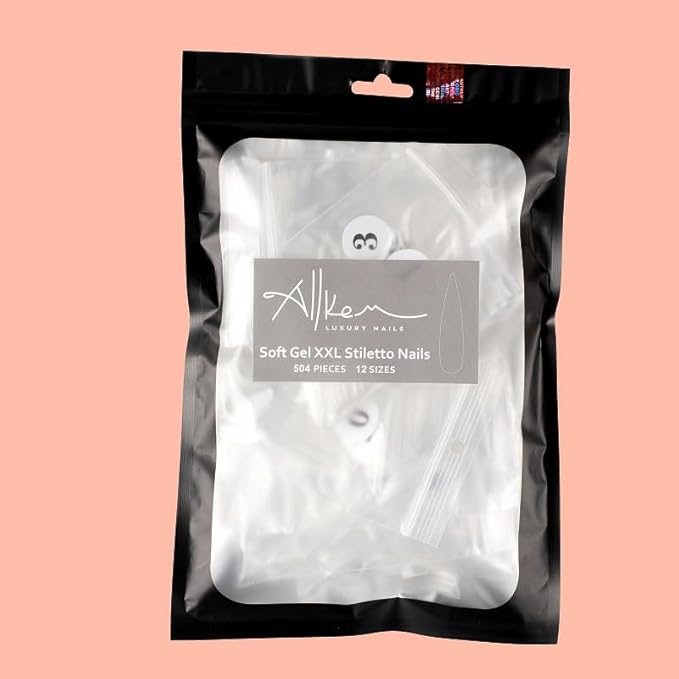 Allkem Soft Gel Nail Tips - XXL Stiletto Nail Extensions with Refill Bag - 12 Sizes Extra Extra Long Full Cover Nails - Clear (504 Pieces)