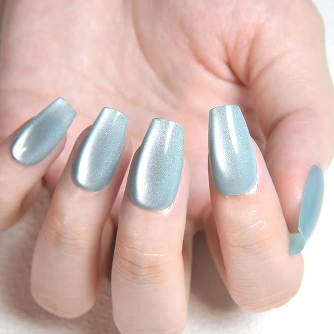 evpct Cat Eye Coffin Press on Nails Square Medium, Stick on Nails Medium Square for Women Gift, Teal Light Blue Green Metallic Glitter Glossy Gel Reusable Stick Acrylic Fake Press on Nail with Designs