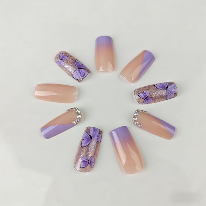 Spring Purple Press on Nails Long Square Fake Nails Butterfly & Rhinestone Design Glitter Nails Full Cover Glossy Stick on Nails for Women Manicure 24PCS