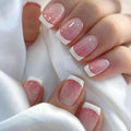 French Tip Press on Nails Medium Square Fake Nails Red Ombre Nails Press ons with Gold Glitter Design Reusable Artificial Nail Glossy Full Cover Glue on Nail Stick on Nails for Women Manicure 24Pcs