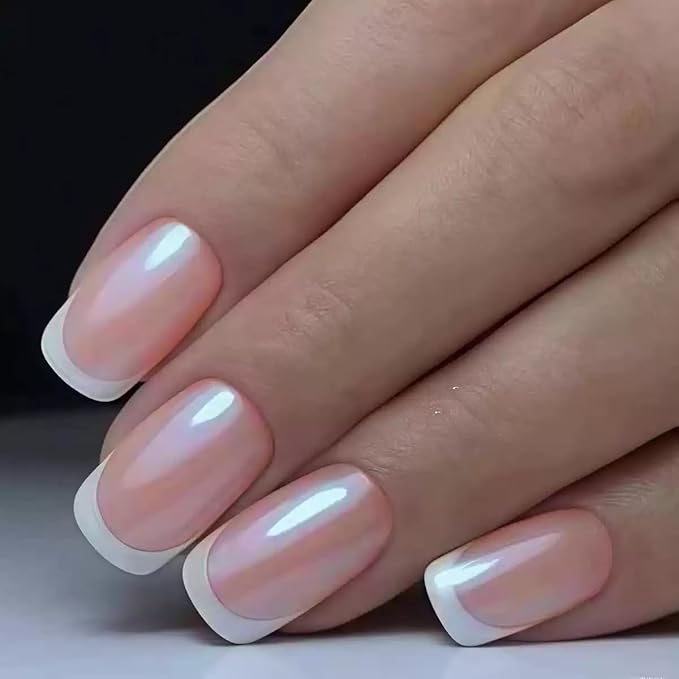 6 Packs (144 Pcs) Press on Nails Short Square Fake Nails Nude False Nails with Designs Ombre White French Tip Pink Brown Glue on Nails Full Cover Glossy Acrylic Stick on Nail for Women Manicure