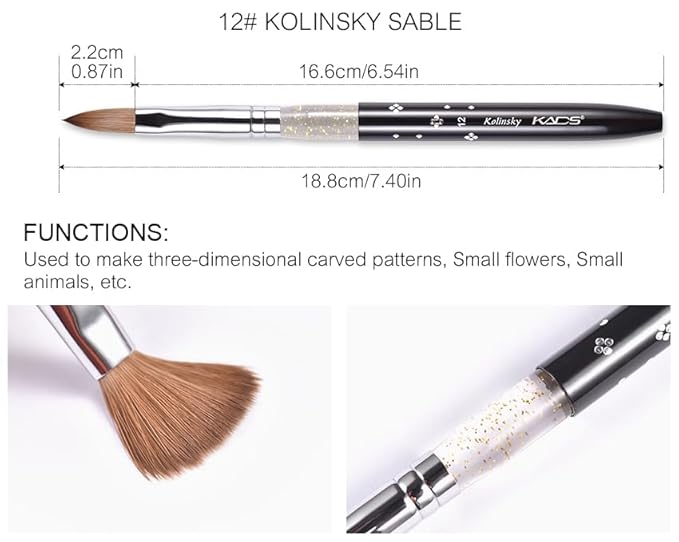 Size 12# Black 100% Kolinsky Sable Acrylic Nail Art Brushes UV Gel Nail Painting Pen Brushes (Size 12)