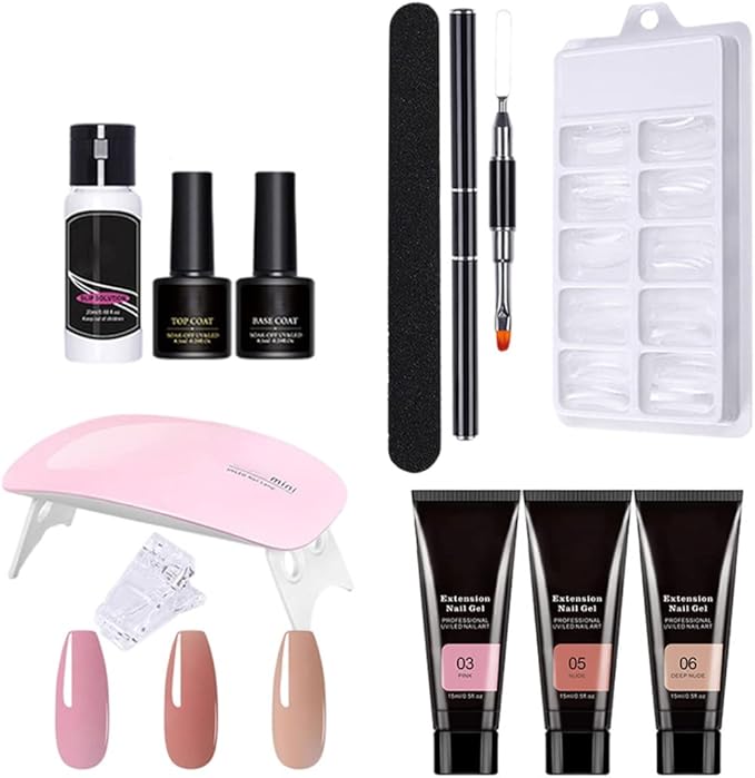 Gel Nail Kit, 11PCS Poly Nail Gel Kit Extension with UV Light Polish Starter All in One Suitable for Beginner DIY at Home (NO. 03)