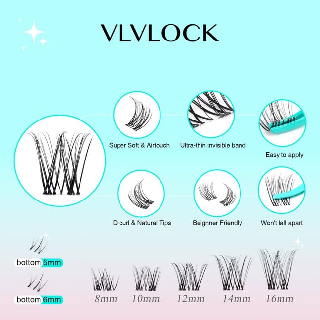 Lash Clusters Kit Clear Band Natural Cluster Lashes with Bottom Lash Clusters 5-16MM Individual Lashes Wispy False Lashes with Lash Bond and Seal,Lash Tweezer DIY at Home(Ivy Kit)