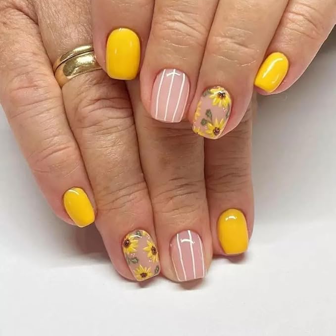 6 Packs (144 Pcs) Press on Nails Short Square Fake Nails Flower False Nails with Designs Spring Summer Floral Glue on Nails Full Cover Glossy Acrylic Stick on Nail for Women Manicure