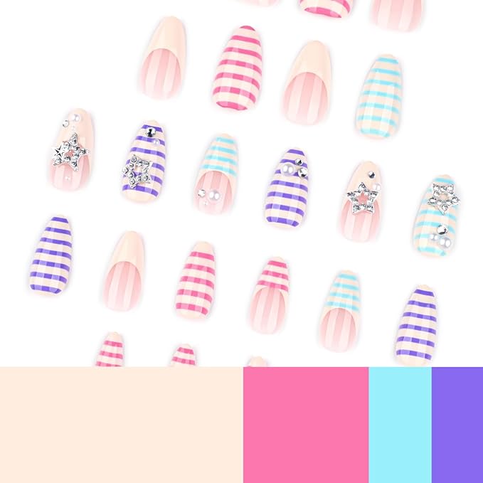 Pastel Stripe Press on Nails Medium Almond Fake Nails Y2K Nails Press ons with Star Charms Design,Reusable & Easy Apply Full Cover Stick on Nails for Women Manicure 24Pcs